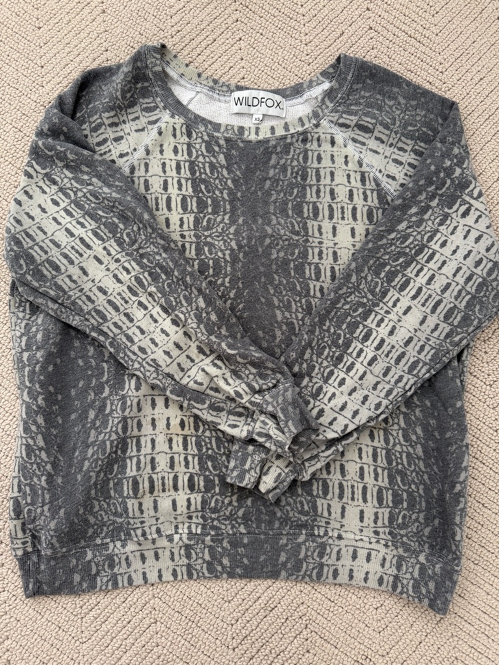 Wildfox Gray and Cream Snake-Print Crewneck Sweater